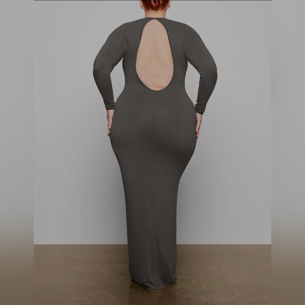 Skims Smooth Lounge Long Sleeve Open Back Dress Gunmetal Size Large